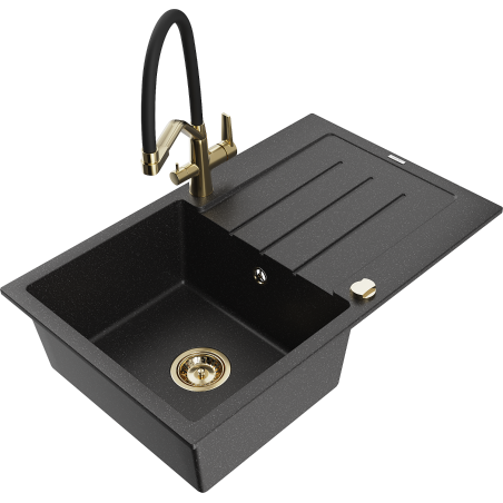 Mexen Bruno Granitspüle 1-beckig mit Abtropffläche und Küchenarmatur Duo, Schwarz/Silber-Metallic - 6513-73-671701-57-G