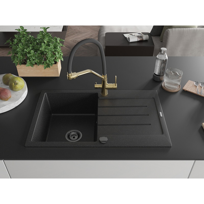 Mexen Bruno Granitspüle 1-Becken mit Abtropffläche und Küchenarmatur Duo, Schwarz/Silber Metallic - 6513-73-671701-57-B