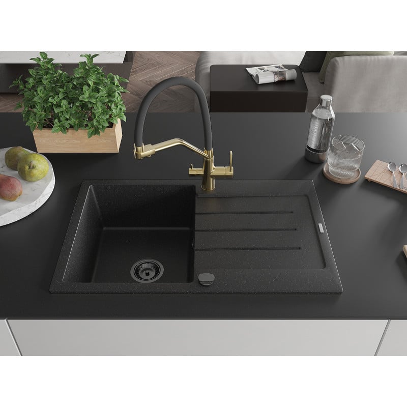 Mexen Bruno Granitspüle 1-beckig mit Abtropffläche und Küchenarmatur Duo, schwarz/silber Metallic - 6513-73-671701-57-B