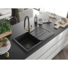 Mexen Bruno Granitspüle 1-Becken mit Abtropffläche und Küchenarmatur Duo, Schwarz/Silber Metallic - 6513-73-671701-57-B