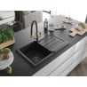 Mexen Bruno Granitspüle 1-beckig mit Abtropffläche und Küchenarmatur Duo, schwarz/silber Metallic - 6513-73-671701-57-B
