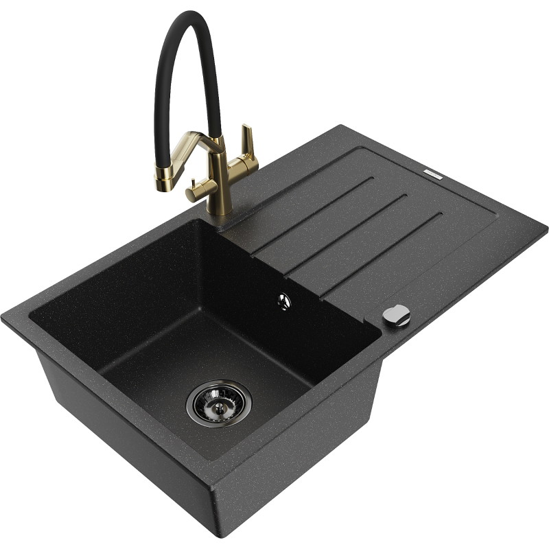 Mexen Bruno Granitspüle 1-Becken mit Abtropffläche und Küchenarmatur Duo, Schwarz/Silber Metallic - 6513-73-671701-57-B