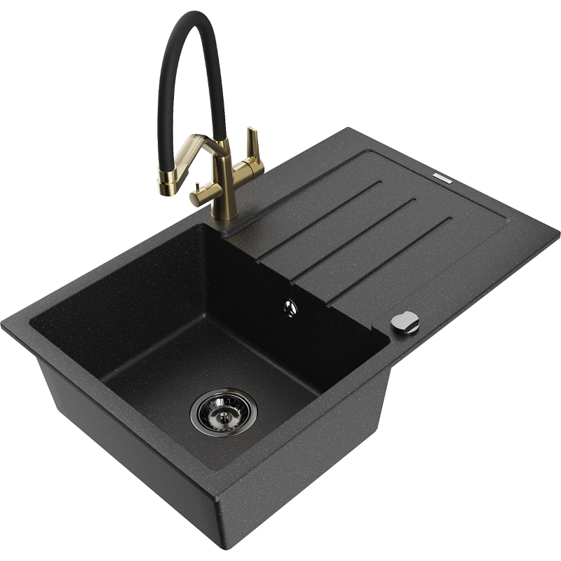 Mexen Bruno Granitspüle 1-beckig mit Abtropffläche und Küchenarmatur Duo, schwarz/silber Metallic - 6513-73-671701-57-B