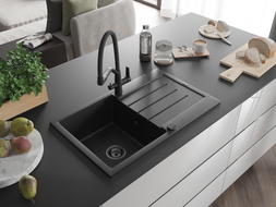 Mexen Bruno Granitspüle 1-Becken mit Abtropffläche und Küchenarmatur Duo, schwarz/silber-metallic - 6513-73-671701-70-B