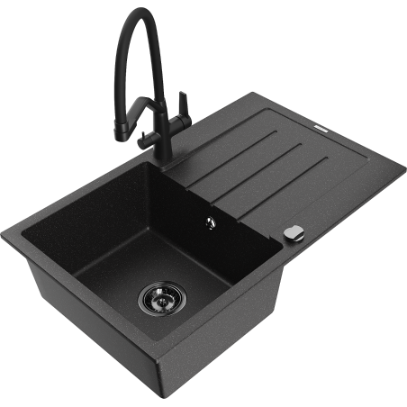 Mexen Bruno Granitspüle 1-Becken mit Abtropffläche und Küchenarmatur Duo, schwarz/silber-metallic - 6513-73-671701-70-B