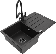 Mexen Bruno Granitspüle 1-Becken mit Abtropffläche und Küchenarmatur Duo, schwarz/silber-metallic - 6513-73-671701-70-B