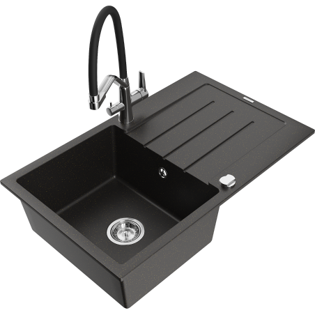 Mexen Bruno Granitspüle 1-becken mit Abtropffläche und Küchenarmatur Duo, schwarz/goldener Metallic - 6513-75-671701-07