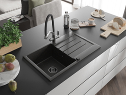 Mexen Bruno Granitspüle 1-beckig mit Abtropffläche und Küchenarmatur Duo, schwarz/gold Metallic - 6513-75-671701-07-B