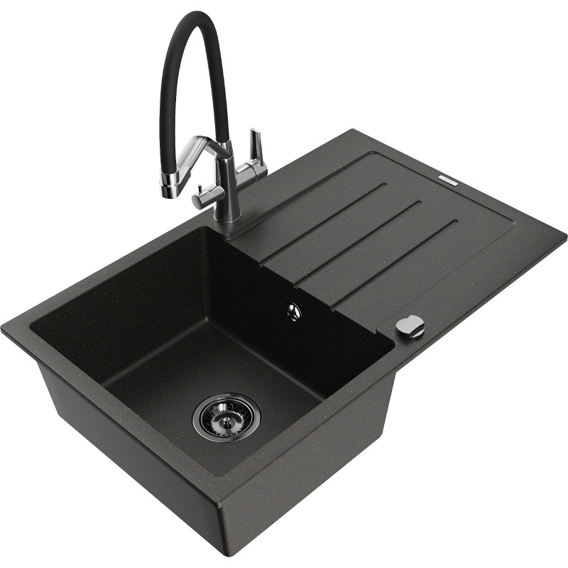 Mexen Bruno Granitspüle 1-beckig mit Abtropffläche und Küchenarmatur Duo, schwarz/goldener Metallic - 6513-75-671701-07-B