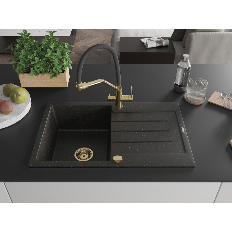 Mexen Bruno Granitspüle ein Becken mit Abtropffläche und Küchenarmatur Duo, schwarz/golden Metallic - 6513-75-671701-57-G