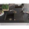 Mexen Bruno Granitspüle 1-Becken mit Abtropffläche und Küchenarmatur Duo, schwarz/goldmetallik - 6513-75-671701-57-G