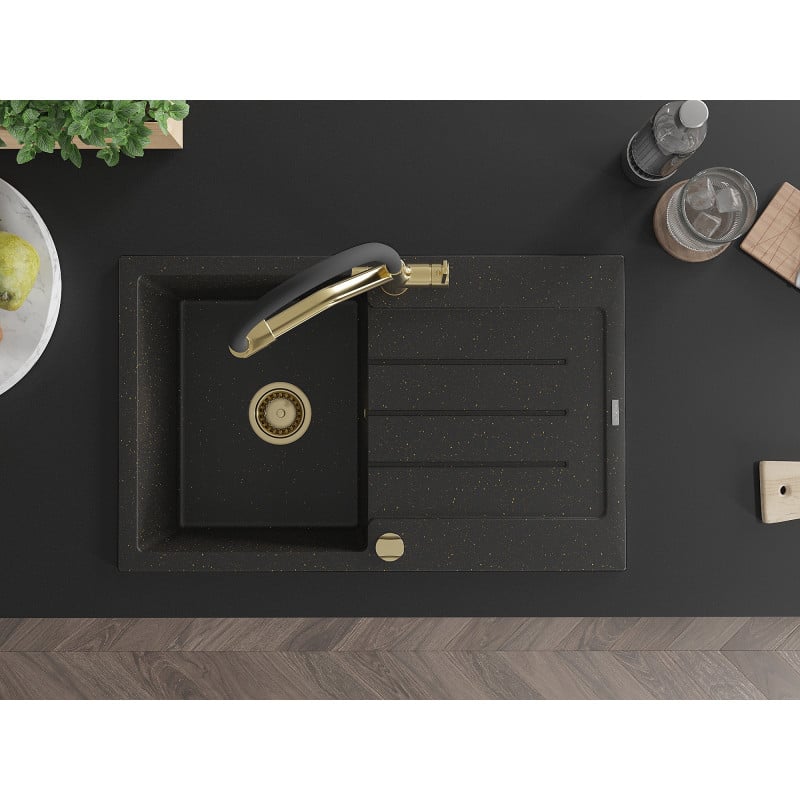 Mexen Bruno Granitspüle 1-Becken mit Abtropffläche und Küchenarmatur Duo, schwarz/goldmetallik - 6513-75-671701-57-G