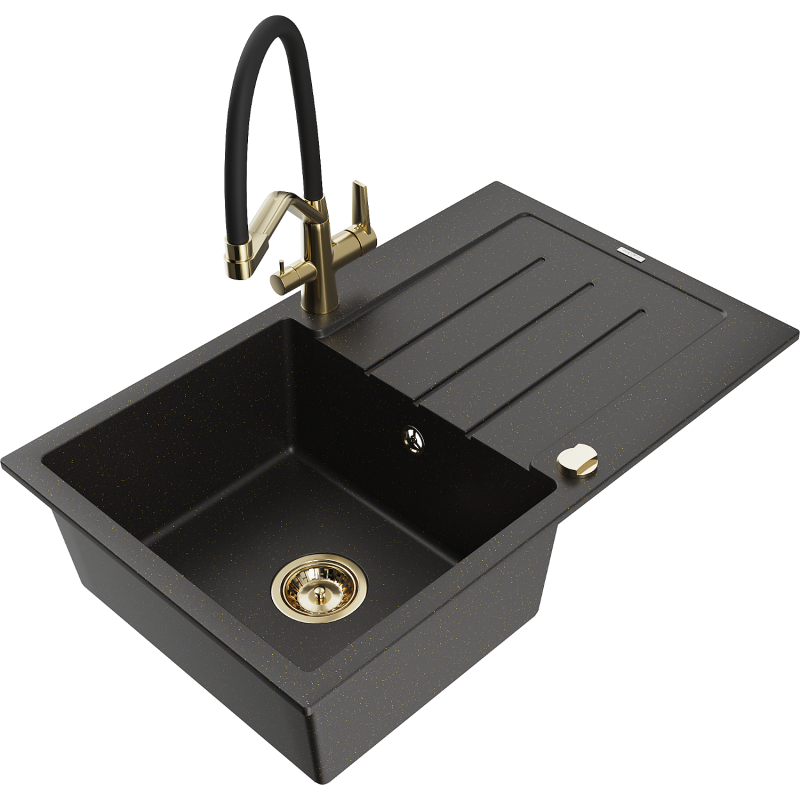 Mexen Bruno Granitspüle 1-Becken mit Abtropffläche und Küchenarmatur Duo, schwarz/goldmetallik - 6513-75-671701-57-G