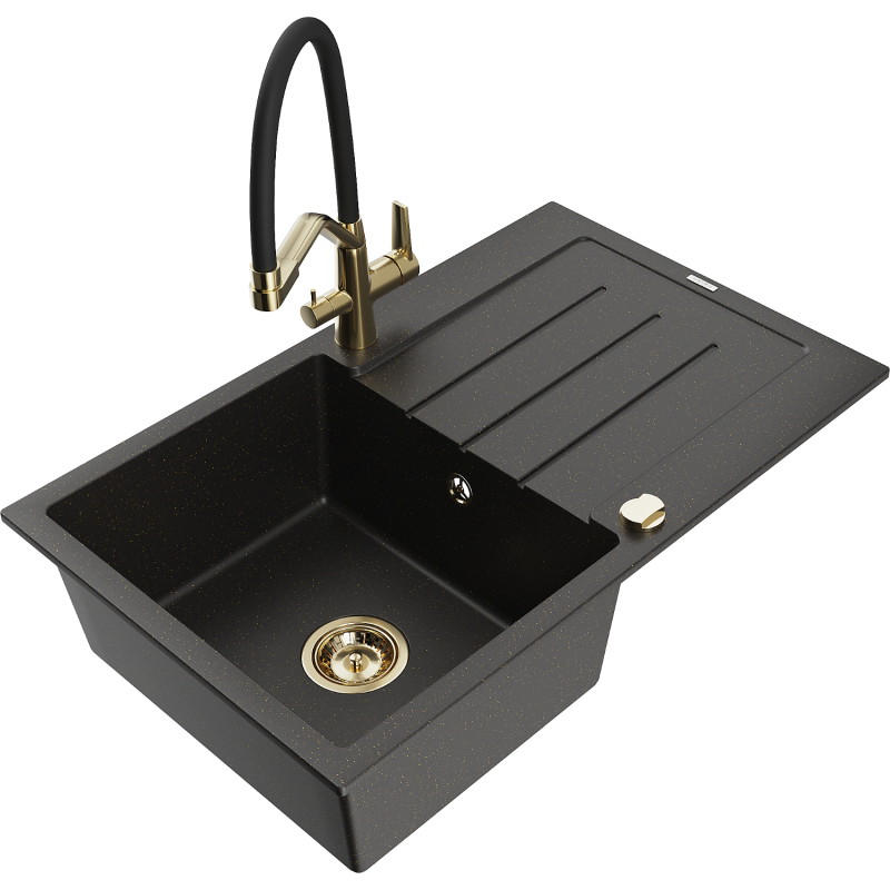 Mexen Bruno Granitspüle ein Becken mit Abtropffläche und Küchenarmatur Duo, schwarz/golden Metallic - 6513-75-671701-57-G
