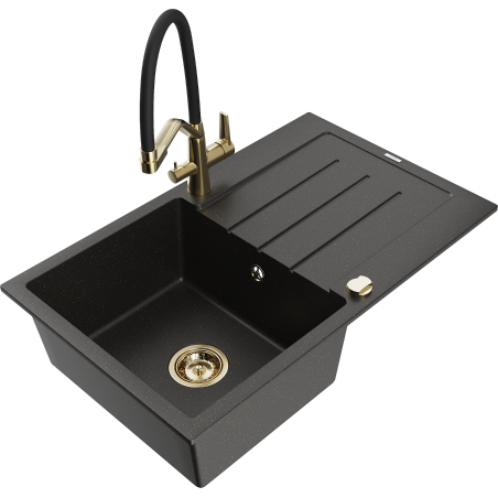 Mexen Bruno Granitspüle 1-Becken mit Abtropffläche und Küchenarmatur Duo, schwarz/goldmetallik - 6513-75-671701-57-G
