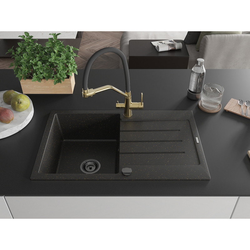 Mexen Bruno Granitspüle 1-Becken mit Abtropffläche und Küchenarmatur Duo, schwarz/gold metallic - 6513-75-671701-57-B