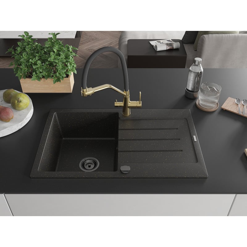 Mexen Bruno Granitspüle 1-Becken mit Abtropffläche und Küchenarmatur Duo, schwarz/goldener Metallic - 6513-75-671701-57-B