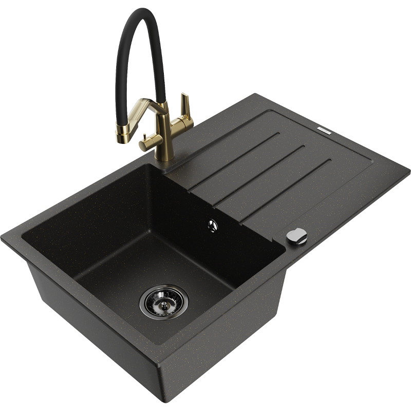 Mexen Bruno Granitspüle 1-Becken mit Abtropffläche und Küchenarmatur Duo, schwarz/gold metallic - 6513-75-671701-57-B