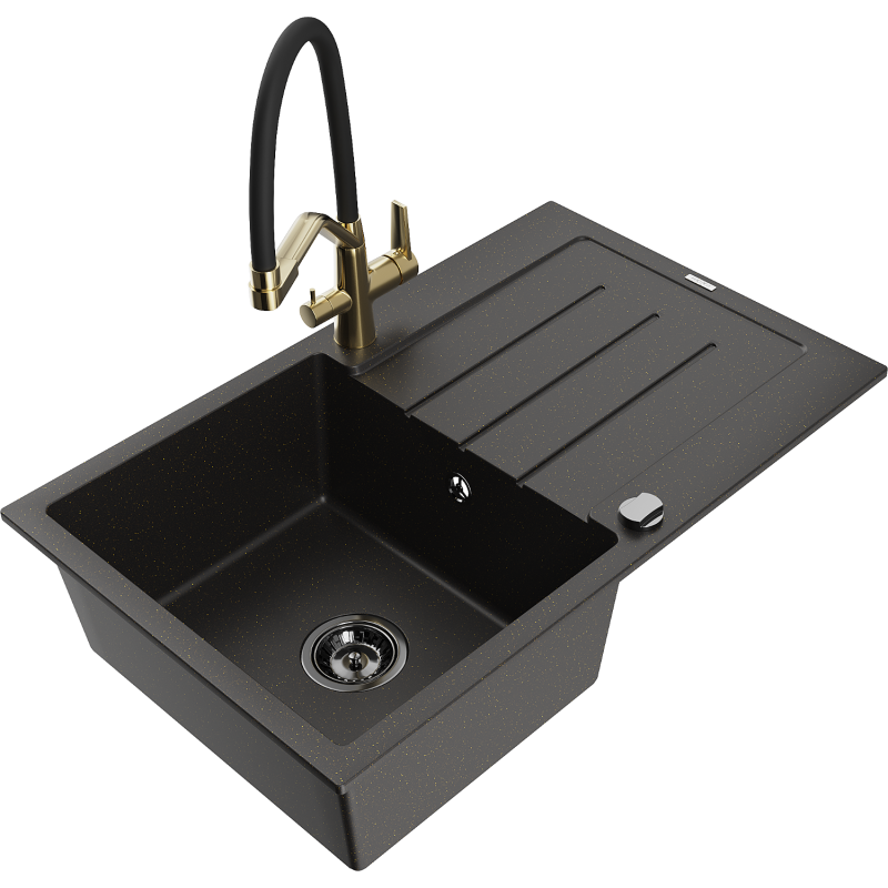 Mexen Bruno Granitspüle 1-Becken mit Abtropffläche und Küchenarmatur Duo, schwarz/goldener Metallic - 6513-75-671701-57-B