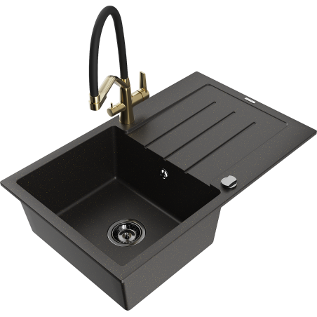 Mexen Bruno Granitspüle 1-Becken mit Abtropffläche und Küchenarmatur Duo, schwarz/goldener Metallic - 6513-75-671701-57-B