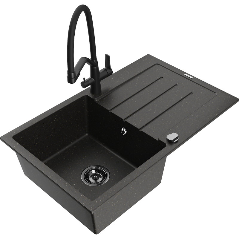 Mexen Bruno 1-Kammer-Granitsstalter mit Abtropffläche und Küchenarmatur Duo, schwarz/gold metallisch - 6513-75-671701-70-B