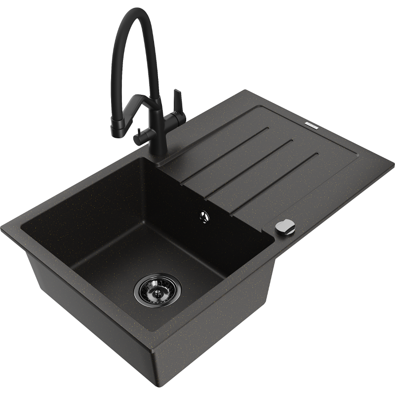 Mexen Bruno Granitspüle 1-Becken mit Abtropffläche und Küchenarmatur Duo, schwarz/gold metallic - 6513-75-671701-70-B