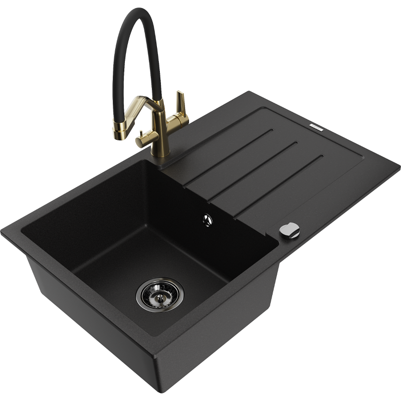 Mexen Bruno Granitspüle 1-Becken mit Abtropffläche und Küchenarmatur Duo, schwarz - 6513-77-671701-57-B