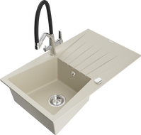 Mexen Cesar Granitspüle 1-Becken mit Abtropffläche und Küchenarmatur Duo, beige - 6514-69-671701-07