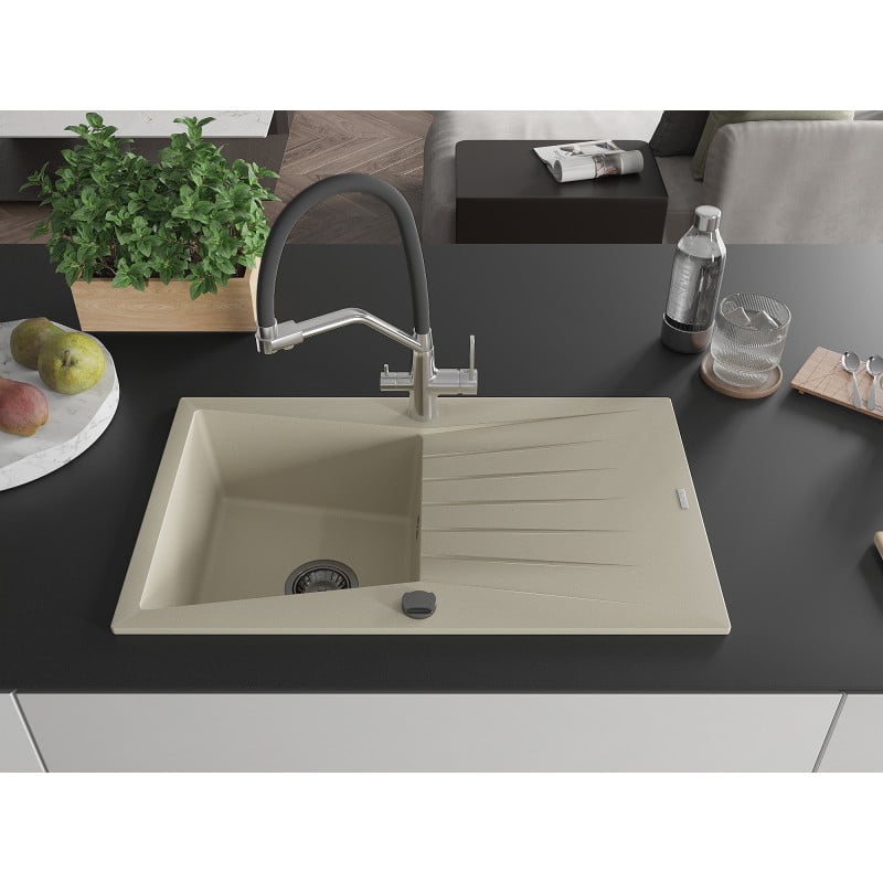 Mexen Cesar Granitspüle 1-Becken mit Abtropffläche und Küchenarmatur Duo, beige - 6514-69-671701-07-B