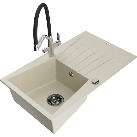 Mexen Cesar Granitspüle 1-Becken mit Abtropffläche und Küchenarmatur Duo, beige - 6514-69-671701-07-B