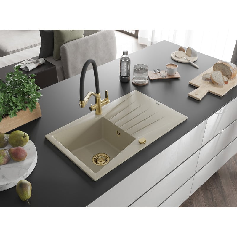 Mexen Cesar Granitspüle 1-Becken mit Abtropffläche und Küchenarmatur Duo, beige - 6514-69-671701-57-G
