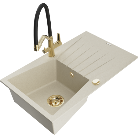Mexen Cesar Granitspüle 1-Becken mit Abtropffläche und Küchenarmatur Duo, beige - 6514-69-671701-57-G