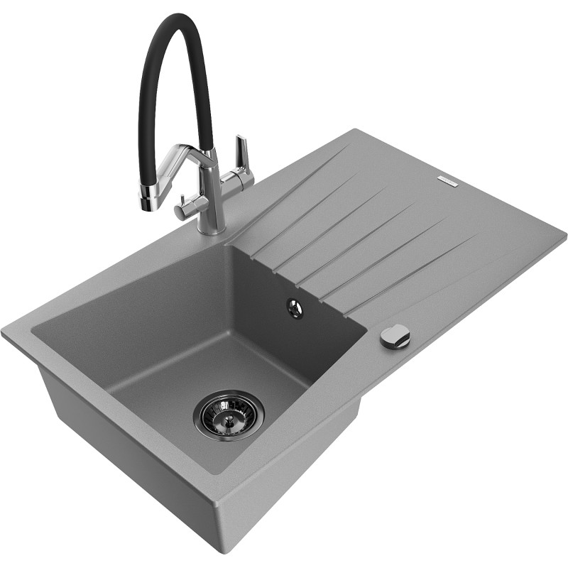 Mexen Cesar 1-Kammer Granitspüle mit Abtropffläche und Küchenarmatur Duo, grau - 6514-71-671701-07-B