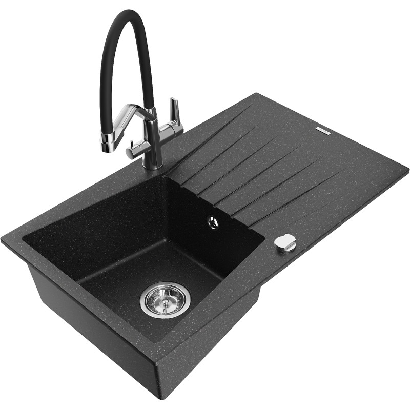 Mexen Cesar granitspüle 1-becken mit abtropffläche und küchenarmatur Duo, schwarz/silber metallic - 6514-73-671701-07