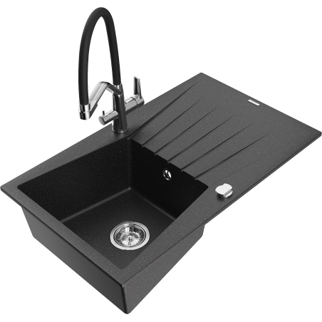 Mexen Cesar granitspüle 1-becken mit abtropffläche und küchenarmatur Duo, schwarz/silber metallic - 6514-73-671701-07