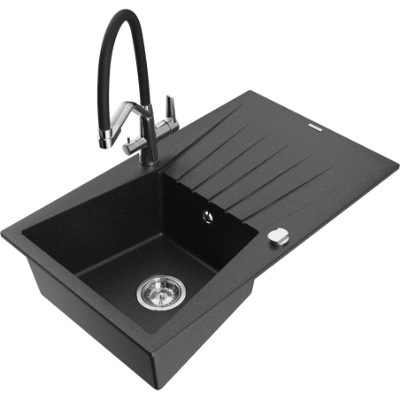 Mexen Cesar Granitspüle 1-beckig mit Abtropffläche und Küchenarmatur Duo, schwarz/silber metallic - 6514-73-671701-07