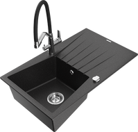 Mexen Cesar Granitspüle 1-beckig mit Abtropffläche und Küchenarmatur Duo, schwarz/silber metallic - 6514-73-671701-07