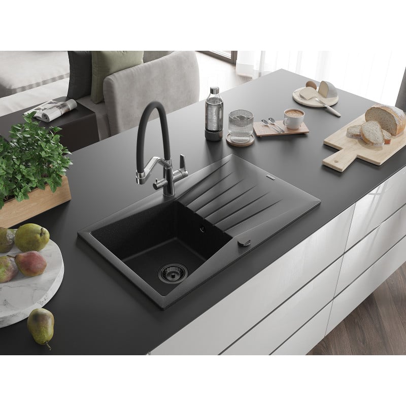 Mexen Cesar Granitspüle 1-Komponenten mit Abtropffläche und Küchenarmatur Duo, schwarz/silber metallic - 6514-73-671701-07-B