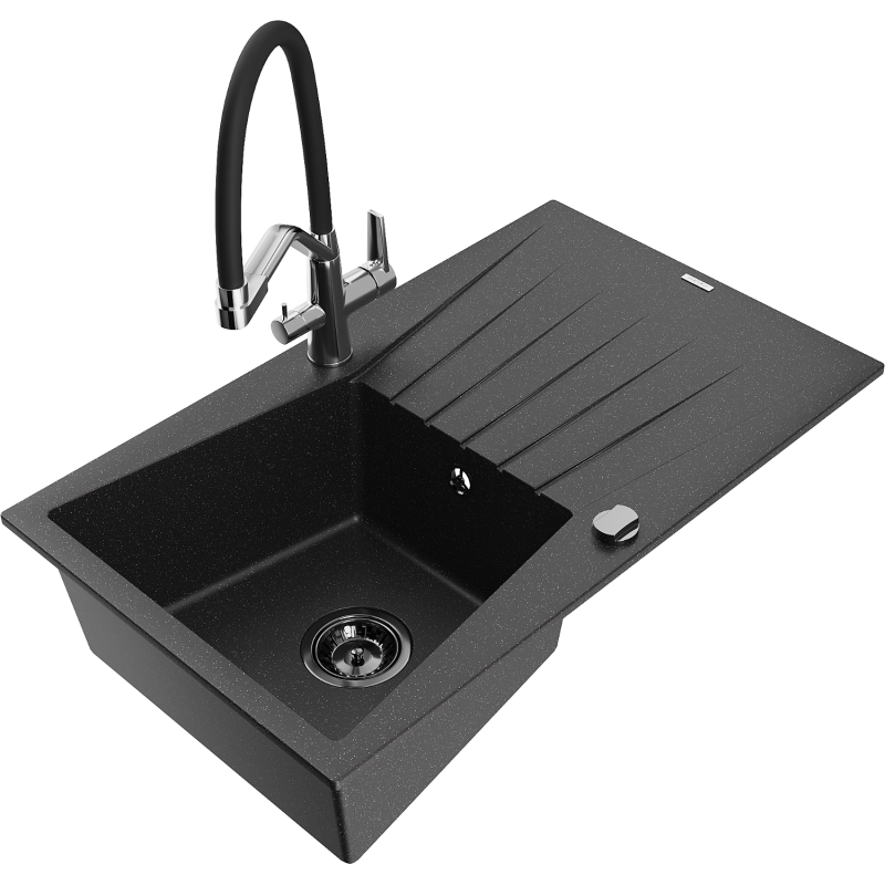 Mexen Cesar Granitspüle 1-Komponenten mit Abtropffläche und Küchenarmatur Duo, schwarz/silber metallic - 6514-73-671701-07-B