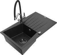 Mexen Cesar Granitspüle 1-Komponenten mit Abtropffläche und Küchenarmatur Duo, schwarz/silber metallic - 6514-73-671701-07-B