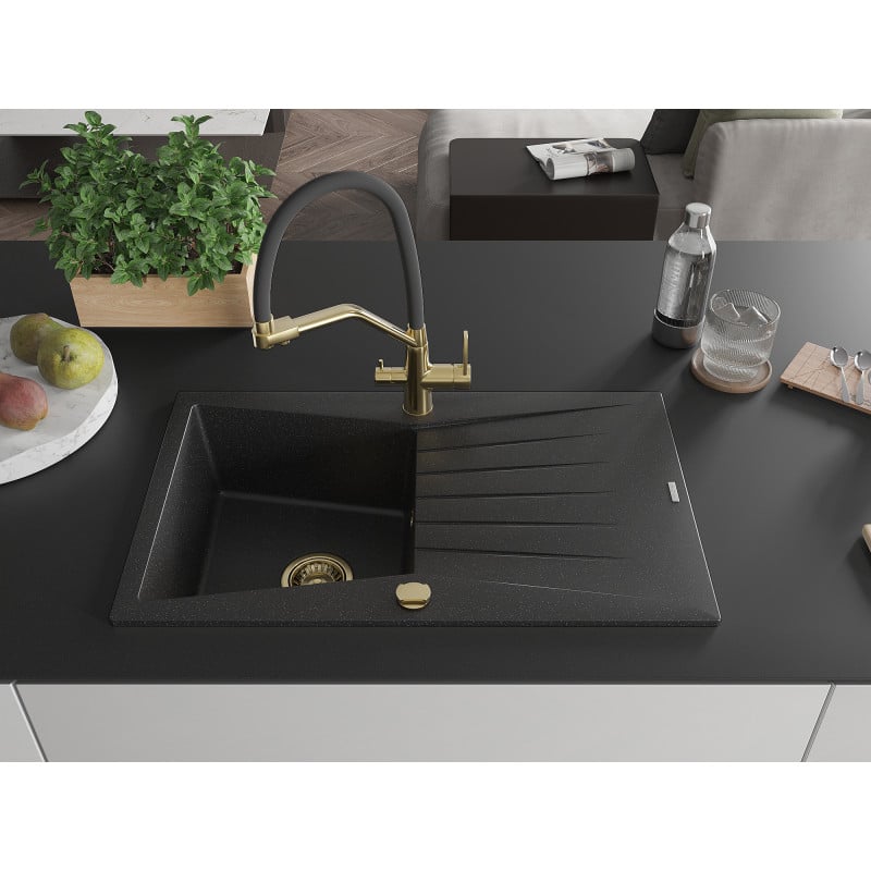 Mexen Cesar Granitspüle 1-Becken mit Abtropffläche und Küchenarmatur Duo, schwarz/silber metallic - 6514-73-671701-57-G