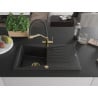 Mexen Cesar Granitspüle 1-Becken mit Abtropffläche und Küchenarmatur Duo, schwarz/silber metallic - 6514-73-671701-57-G