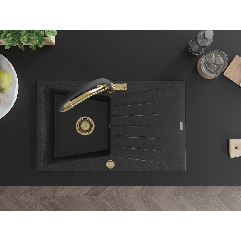 Mexen Cesar Granitspüle 1-Becken mit Abtropffläche und Küchenarmatur Duo, schwarz/silber metallic - 6514-73-671701-57-G