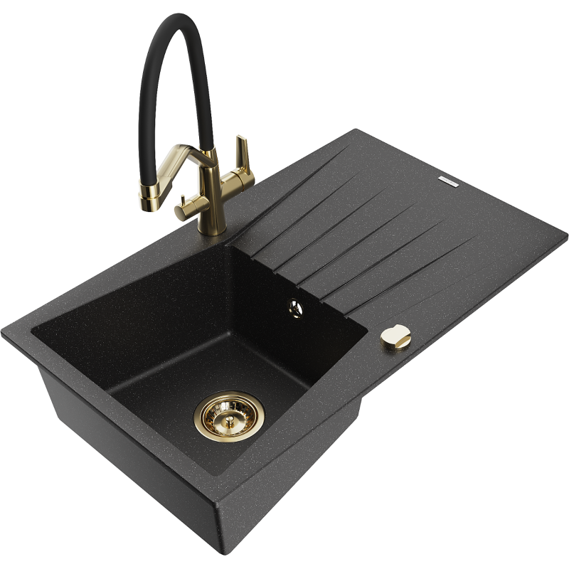 Mexen Cesar Granitspüle 1-Becken mit Abtropffläche und Küchenarmatur Duo, schwarz/silber metallic - 6514-73-671701-57-G