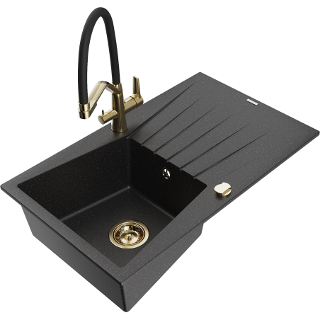 Mexen Cesar Granitspüle 1-Becken mit Abtropffläche und Küchenarmatur Duo, schwarz/silber metallic - 6514-73-671701-57-G