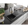Mexen Cesar Granitspüle 1-Becken mit Abtropffläche und Küchenarmatur Duo, schwarz/silber metallic - 6514-73-671701-57-B
