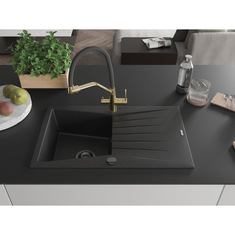 Mexen Cesar Granitspüle 1-Becken mit Abtropffläche und Küchenarmatur Duo, schwarz/silber metallic - 6514-73-671701-57-B