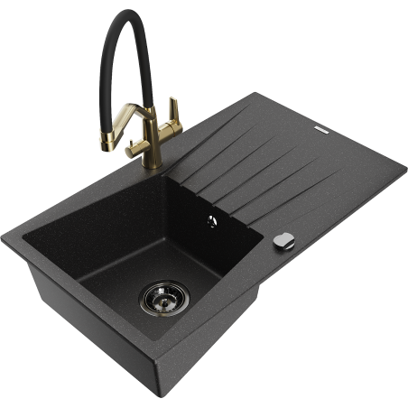 Mexen Cesar Granitspüle 1-Becken mit Abtropffläche und Küchenarmatur Duo, schwarz/silber metallic - 6514-73-671701-57-B
