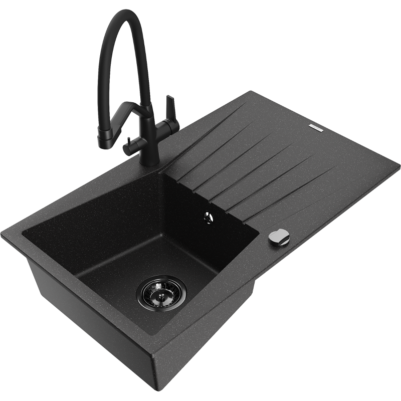 Mexen Cesar Granitspüle 1-Becken mit Abtropffläche und Küchenarmatur Duo, schwarz/silber metallic - 6514-73-671701-70-B