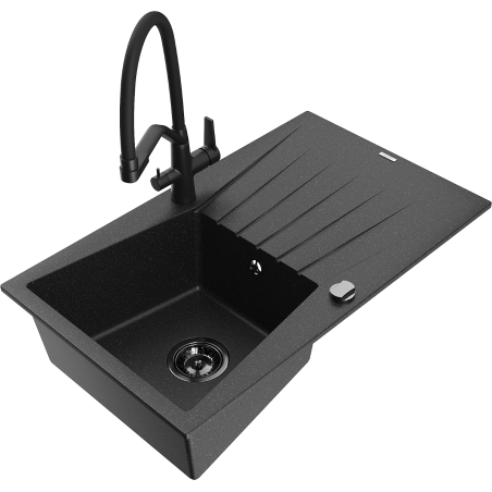 Mexen Cesar Granitspüle 1-Becken mit Abtropffläche und Küchenarmatur Duo, schwarz/silber metallic - 6514-73-671701-70-B